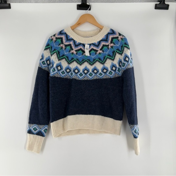 Old Navy Fair Isle Sweater XS Navy Blue White Colorblock Crew Neck Pullover - Picture 6 of 7
